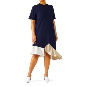 Clu navy blue jersey dress w/ metallic hem.